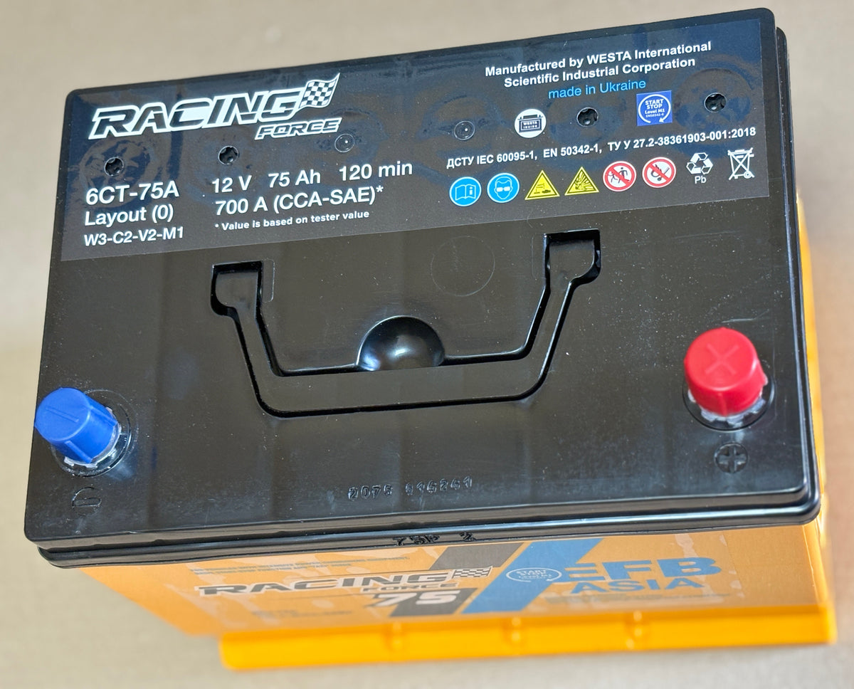 Аккумулятор RACING FORCE EFB 75Ah Asia START STOP, вид сверху