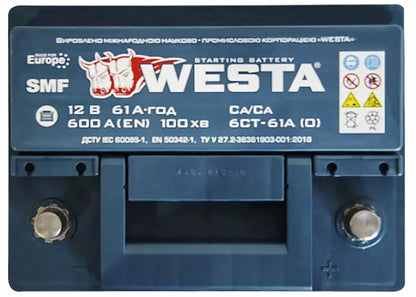 Аккумулятор Westa 61Ah 600A необслуживаемый, вид сверху