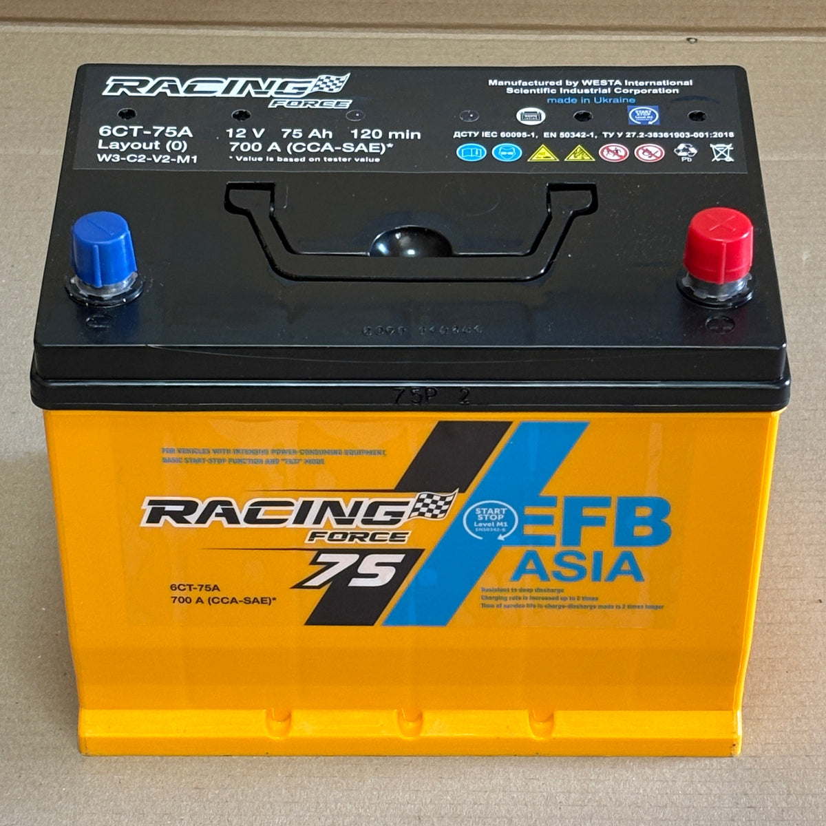 Аккумулятор RACING FORCE EFB 75Ah Asia START STOP, вид сбоку